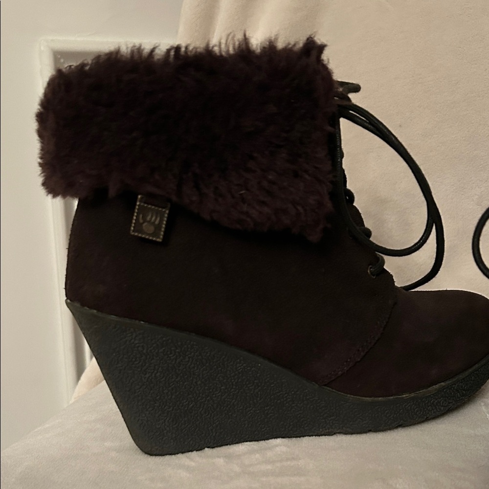 BearPaw Dark Brown Faux Fur Wedge Boots